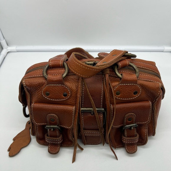 Roots Handbags - ROOTS VINTAGE Cognac Brown Leather Mini Emily Tassel Double Handles Shoulder Bag